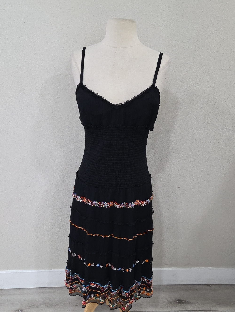 Spenser Jeremy Black Spaghetti-Strap Midi Dress with Multicolor Floral Bands